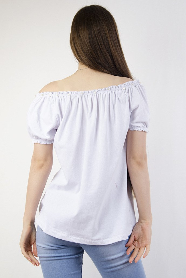 Biała bluzka hiszpanka z perełkami