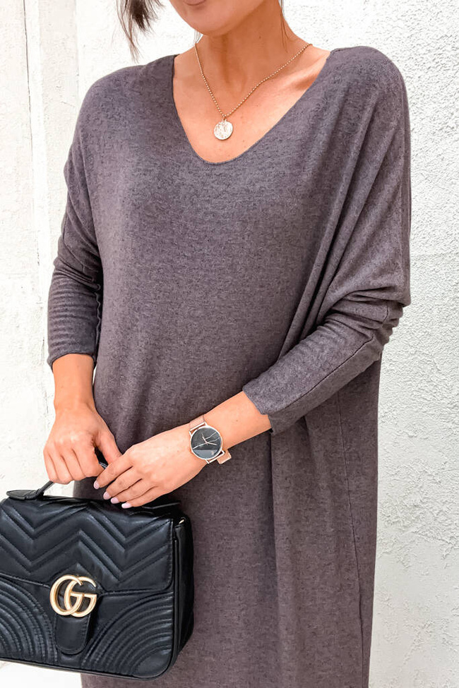 SUKIENKA MIDI OVERSIZE Z DEKOLTEM W SEREK- BRĄZOWA