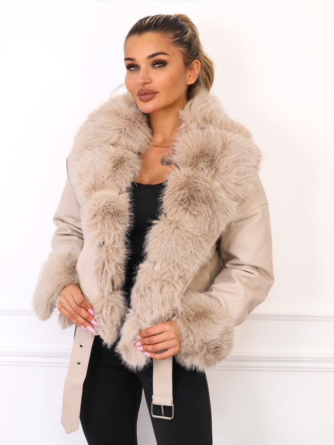 KURTKA RAMONESKA Z IMITACJI SKÓRY Z FUTERKIEM- BEŻOWA