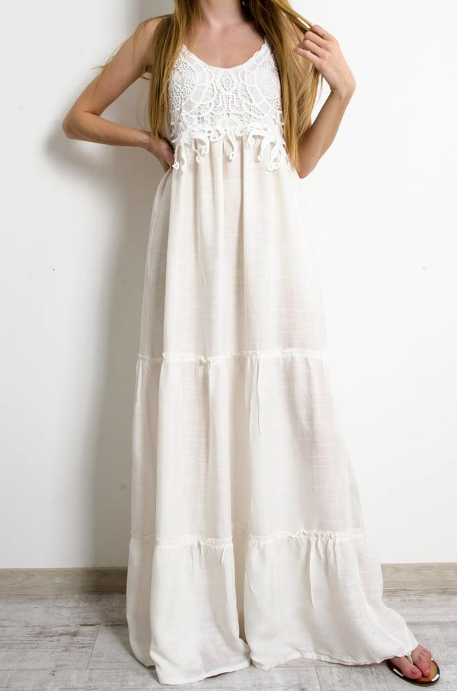 BIAŁA SUKIENKA MAXI NA RAMIĄCZKACH Z AŻUROWĄ GÓRĄ