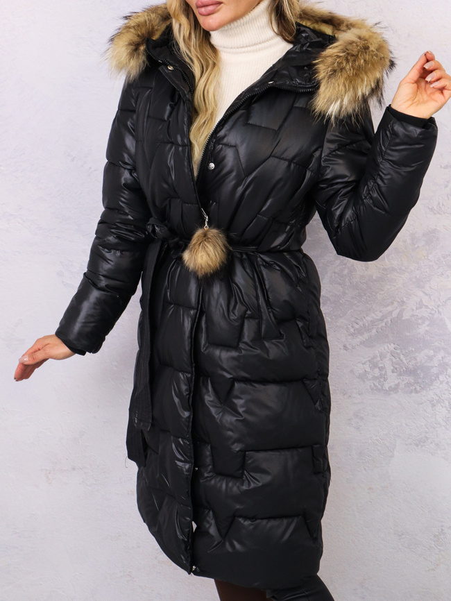 DŁUGA PIKOWANA KURTKA Z FUTERKIEM- CZARNA