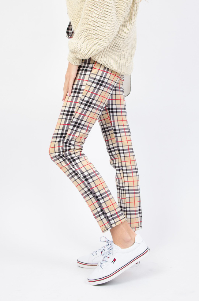 BEŻOWE SPODNIE W KRATĘ- WIĄZANE W PASIE 