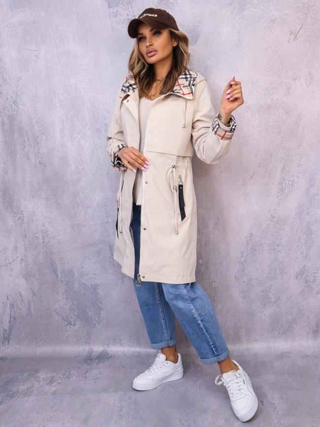 KURTKA PARKA Z KAPTUREM W KRATĘ- JASNOBEŻOWA