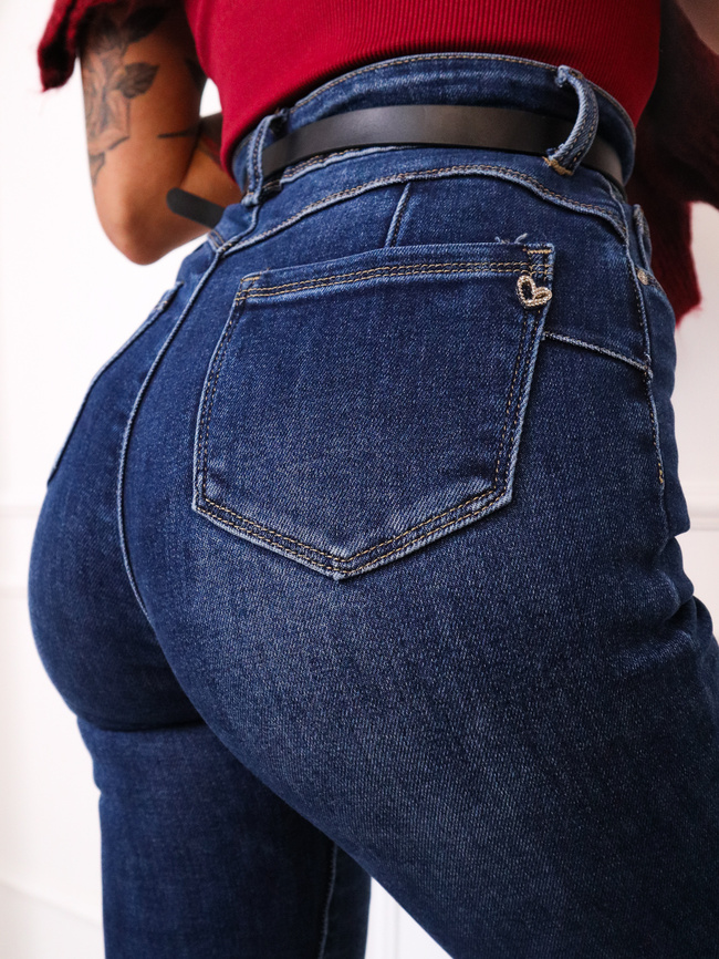 SPODNIE JEANSOWE SKINNY Z WYSOKIM STANEM PUSH UP + PASEK- GRANATOWE