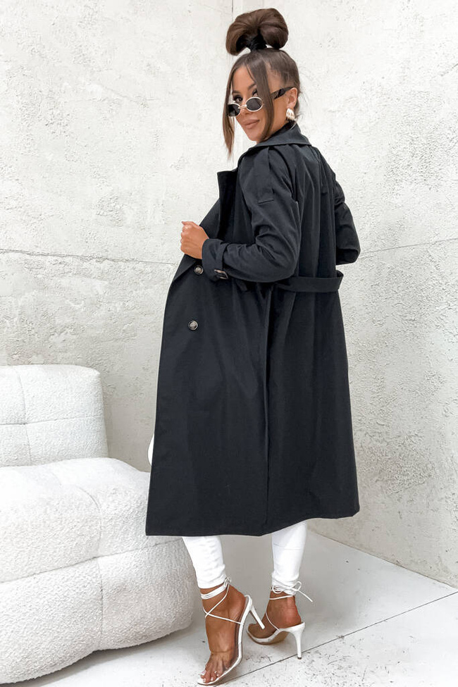 DŁUGI PŁASZCZ TRENCZ WIĄZANY W PASIE- CZARNY