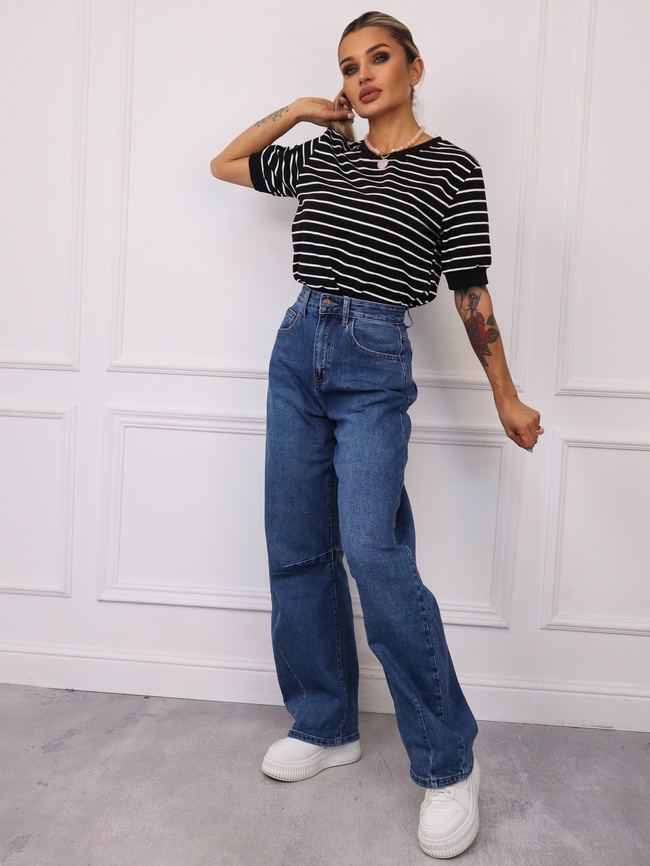 SPODNIE JEANSOWE WIDE Z PRZECZYCIAMI NA NOGAWCE- GRANATOWE