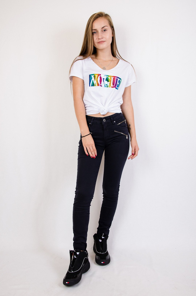 Granatowe spodnie rurki z zamkami