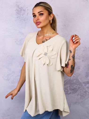 BLUZKA Z KWIATEM I OZDOBNYMI CYRKONIAMI- BEŻOWA