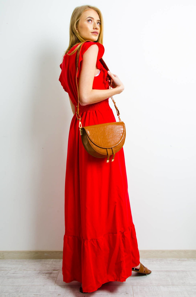 DŁUGA CZERWONA SUKIENKA Z KOPERTOWYM DEKOLTEM 