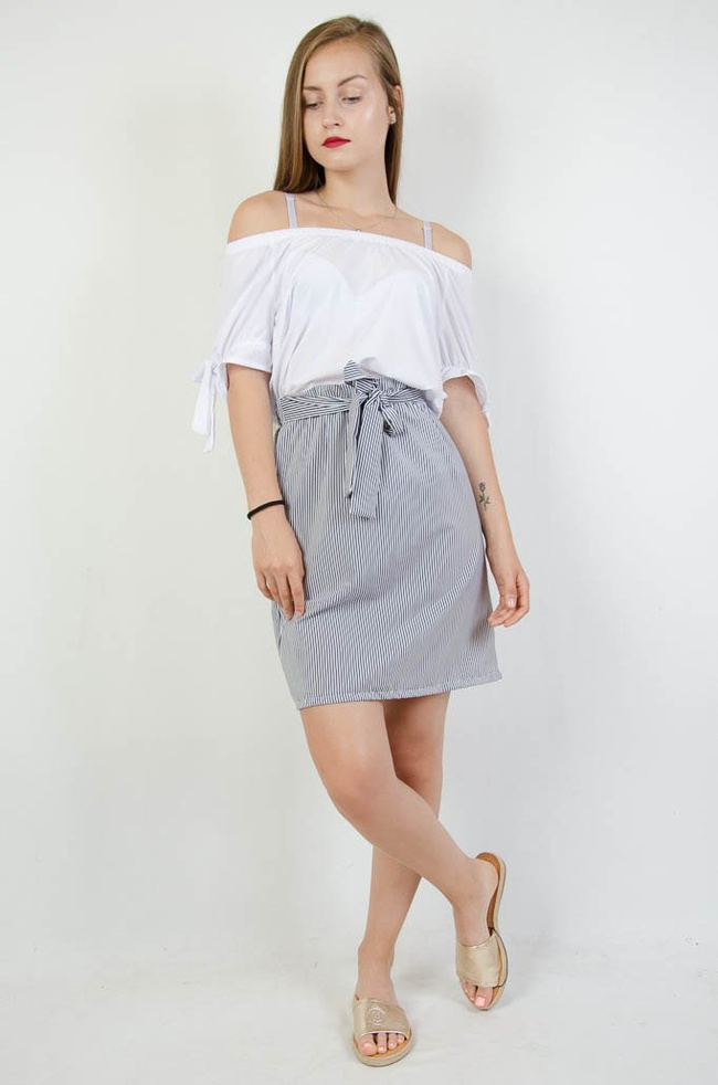 BIAŁO GRANATOWA SPÓDNICA W PASKI Z WIĄZANIEM W PASIE 