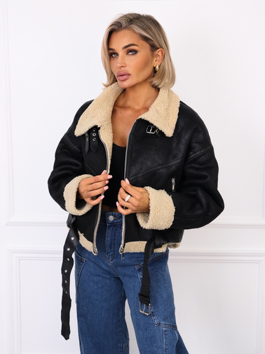 KURTKA ZIMOWA KOŻUSZEK Z PASKIEM NA DOLE- CZARNY