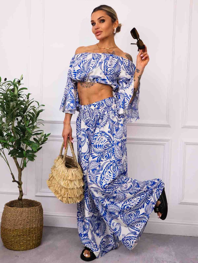 KOMPLET WZORZYSTY TOP+ SPODNIE- NIEBIESKI