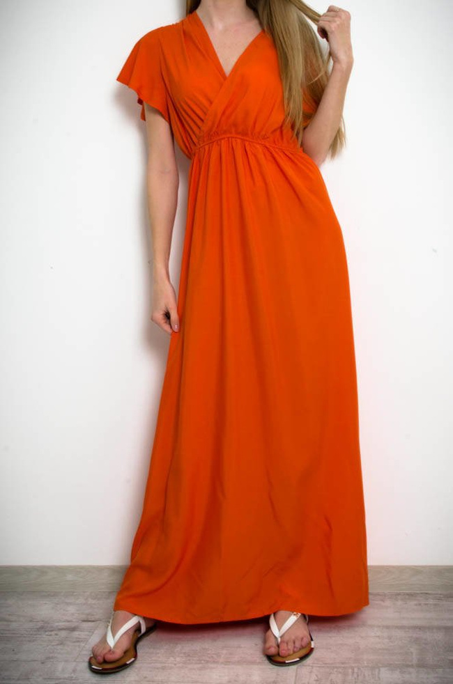 DŁUGA SUKIENKA MAXI Z KOPERTOWYM DEKOLTEM W KOLORZE POMARAŃCZOWYM