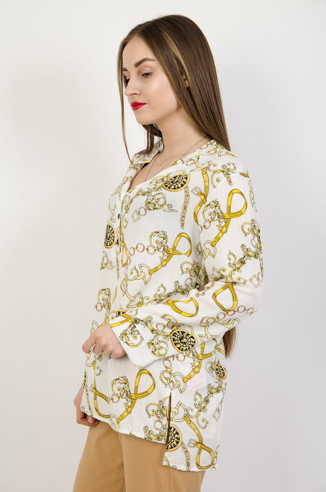 Kremowa bluzka koszulowa w żółte wzory 