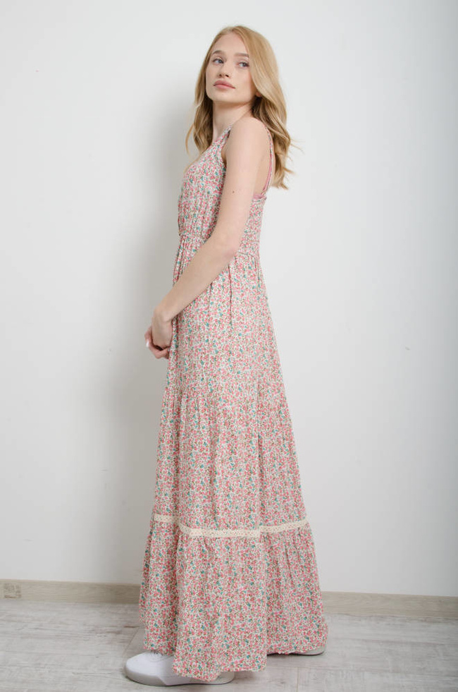 SUKIENKA W KWIATY NA CIENKICH RAMIĄCZKACH MAXI - RÓŻOWA