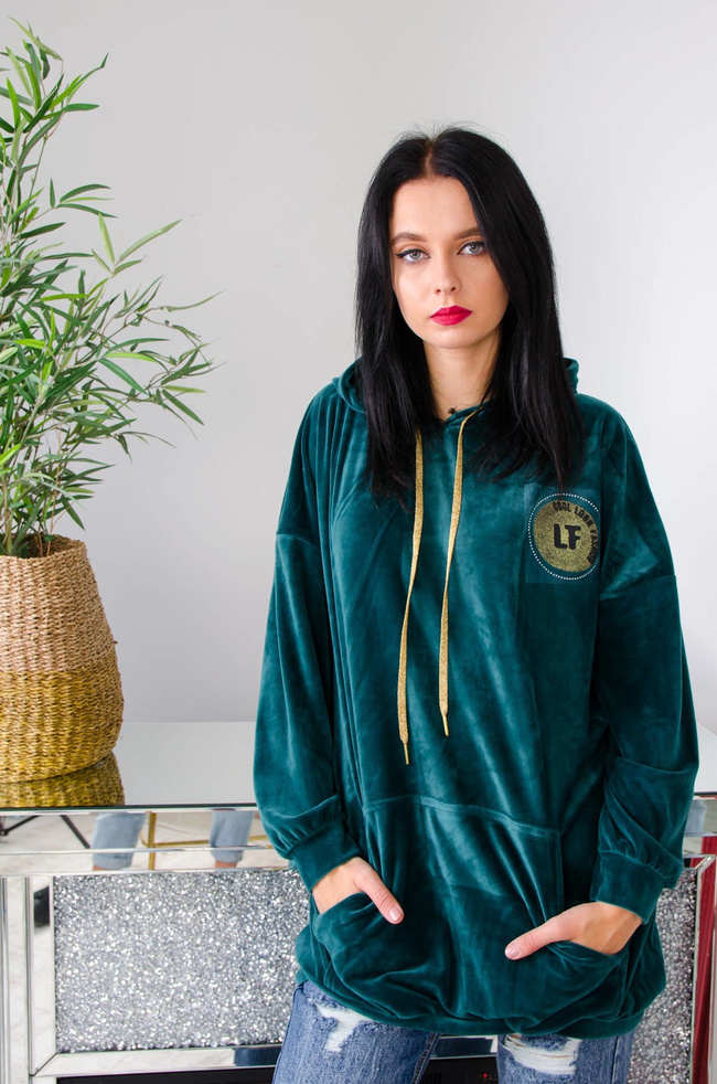 ZIELONA WELUROWA DŁUGA BLUZA Z NASZYWKĄ