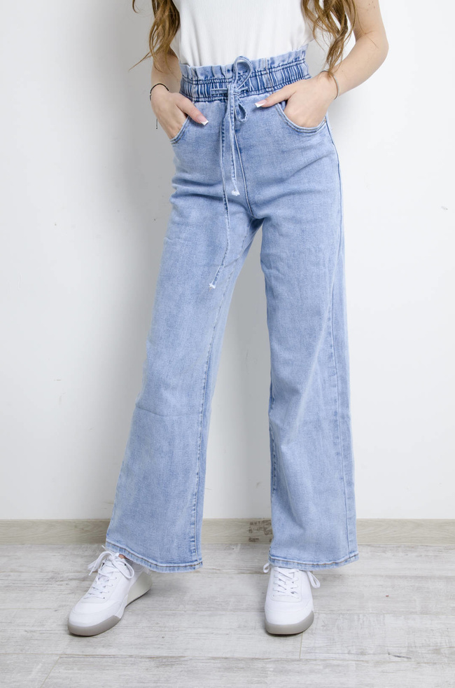 SPODNIE JEANSOWE Z GUMĄ W PASIE- SZEROKIE NOGAWKI