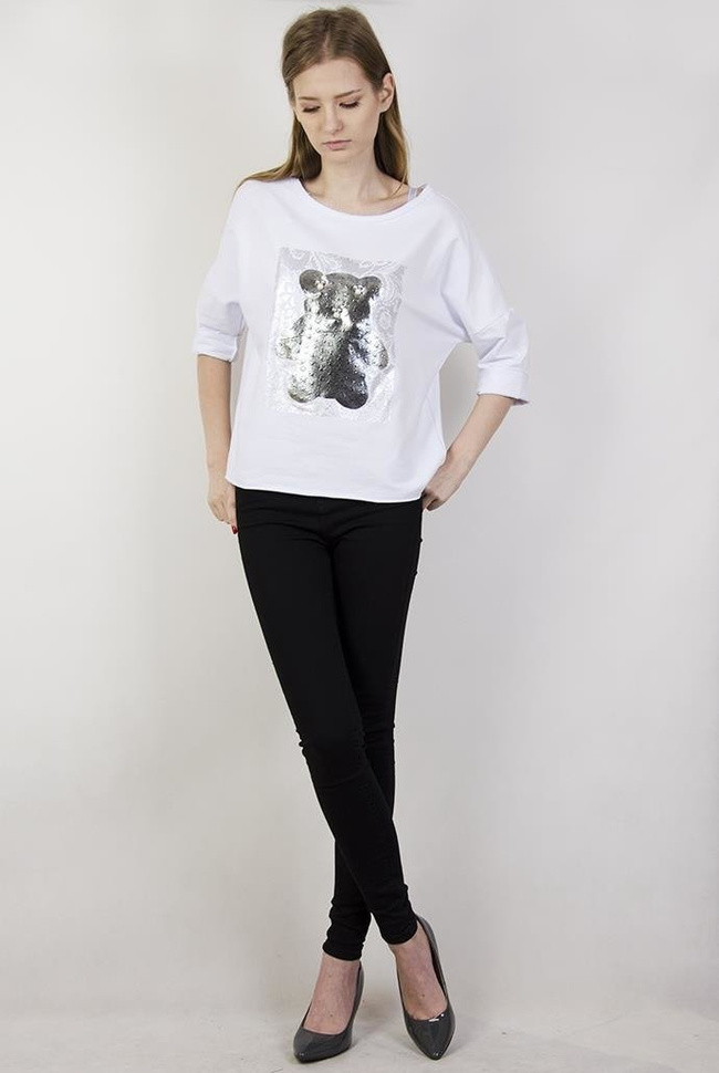 Biała bluzka ze srebrnym misiem