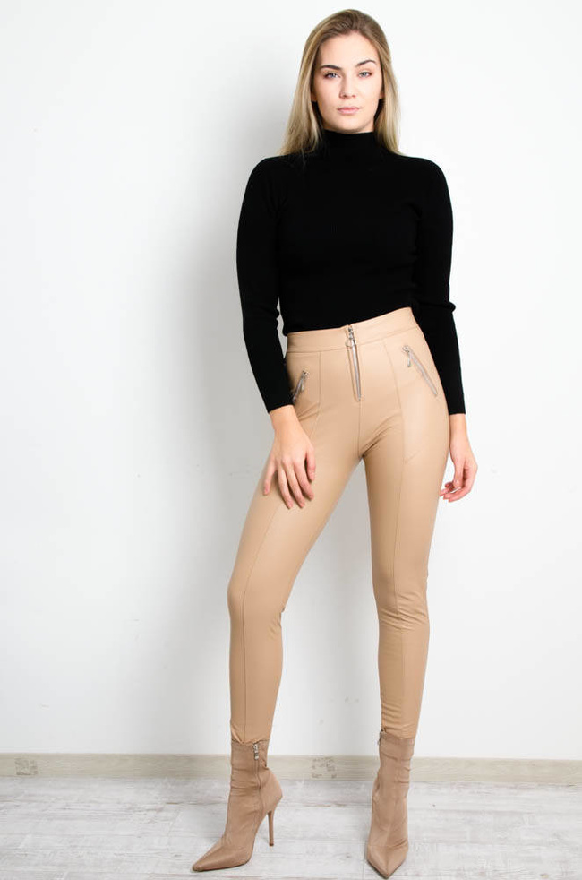 BEŻOWE WOSKOWANE LEGGINSY Z PRZESZYCIAMI- WYSOKI STAN