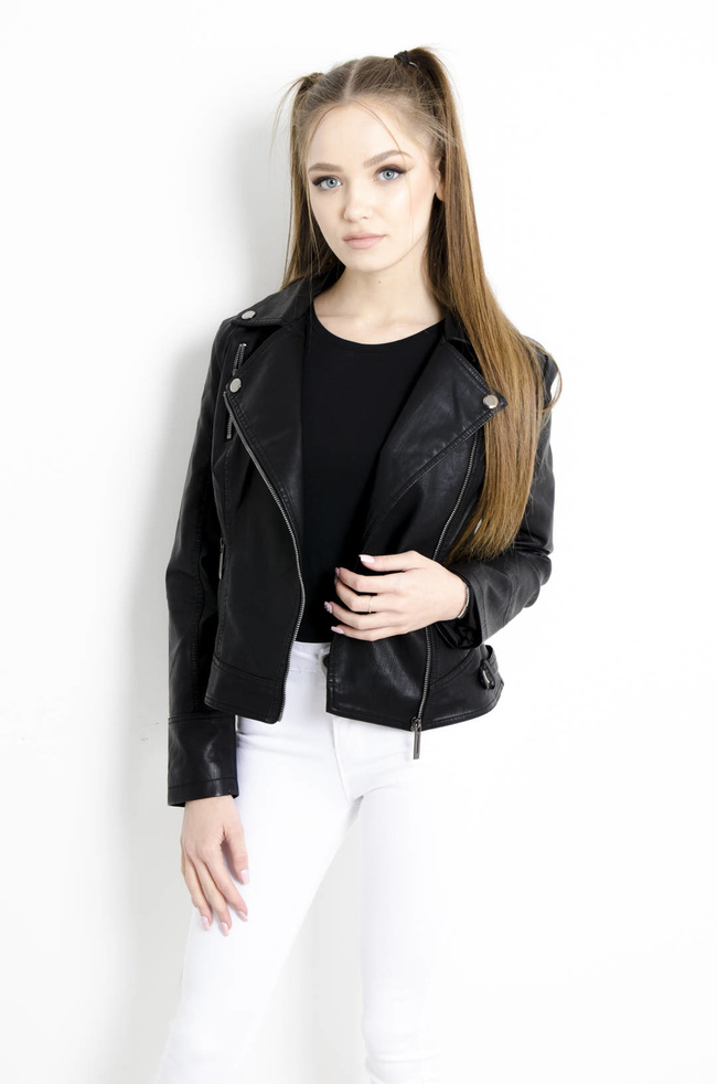 KURTKA RAMONESKA Z IMITACJI SKÓRY - CZARNA 