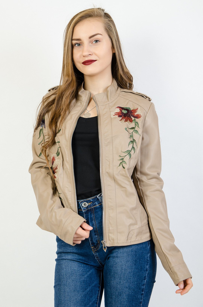 Beżowa ramoneska z wyszywanym kwiatem
