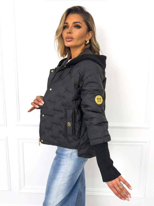 KURTKA PRZEJŚCIOWA ASYMETRYCZNA Z DZIANINOWYM KAPTUREM I ŚCIĄGACZAMI- CZARNA