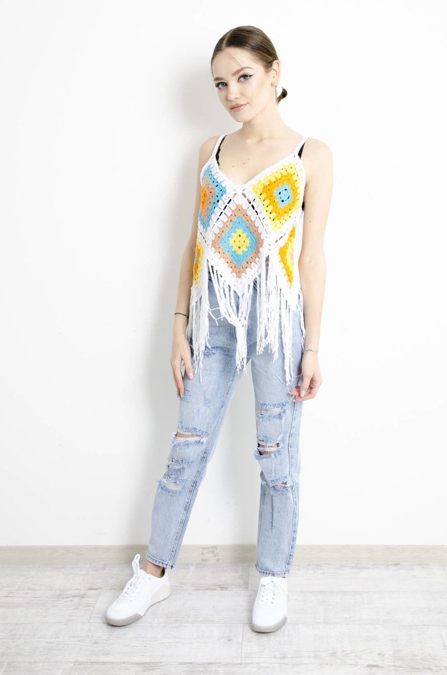 BLUZKA AŻUROWA NA RAMIĄCZKA Z FRĘDZLAMI - BIAŁA