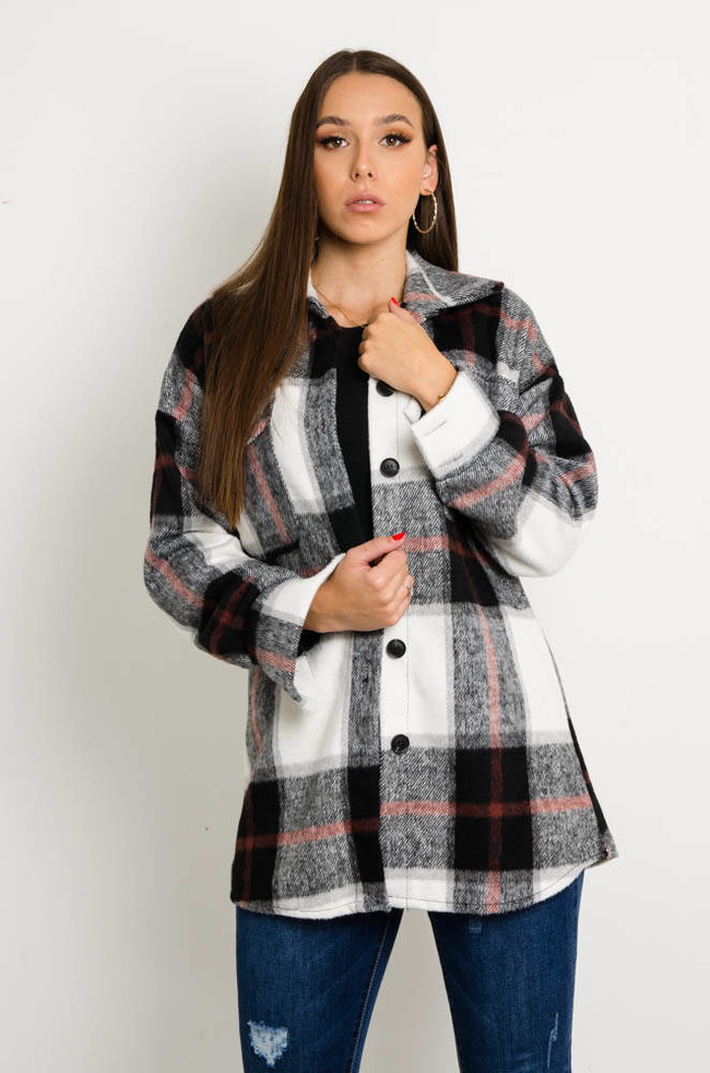 CZARNY PŁASZCZ KOSZULOWY W KRATĘ