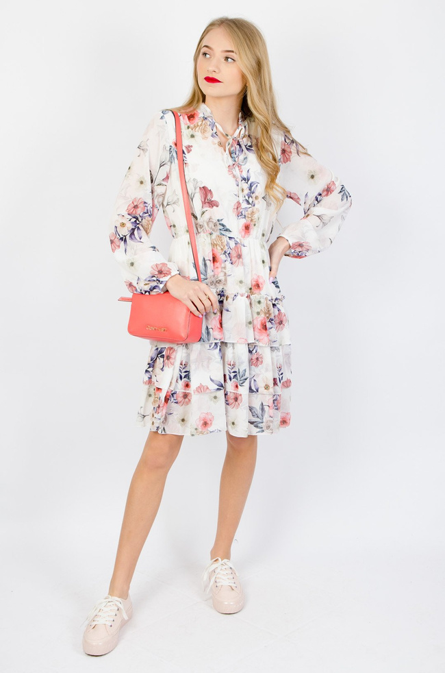 BIAŁA WARSTWOWA SUKIENKA W KWIATY