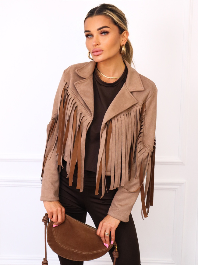 KURTKA Z IMITACJI ZAMSZU Z FRĘDZLAMI- JASNOBRĄZOWA