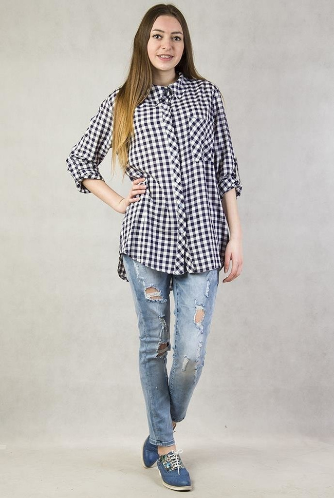 Asymetryczna Koszula w fioletowo-białą kratę