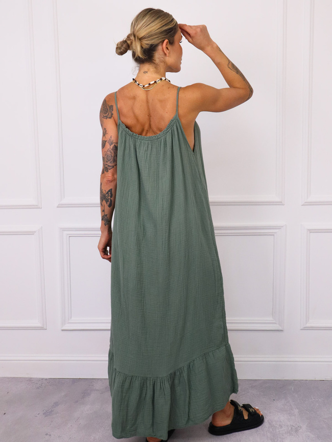 SUKIENKA MAXI MUŚLINOWA Z FALBANĄ- ZIELONA