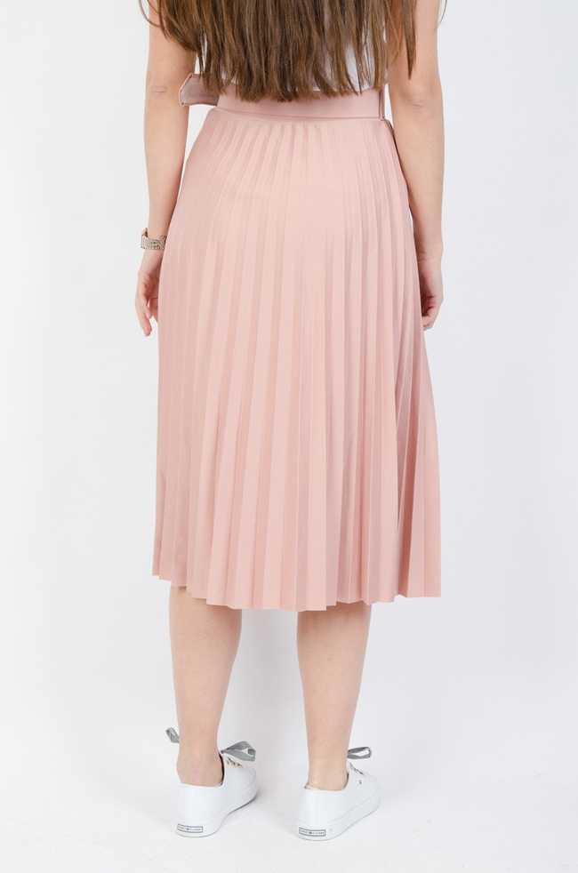 Różowa plisowana spódnica midi z paskiem