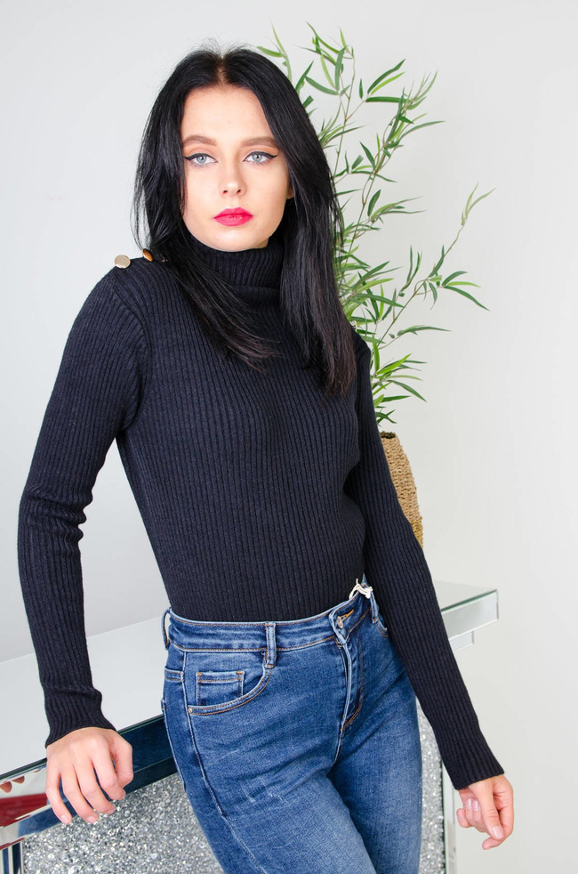 CZARNY PRĄŻKOWANY GOLF ZE ZŁOTYMI GUZIKAMI