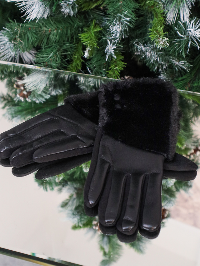 RĘKAWICZKI OCIEPLANE Z EKOSKÓRY I ZAMSZU Z FUTERKIEM- CZARNE