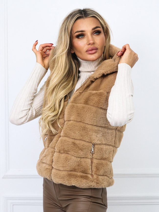 BRĄZOWA FUTRZANA KAMIZELKA - BEZRĘKAWNIK