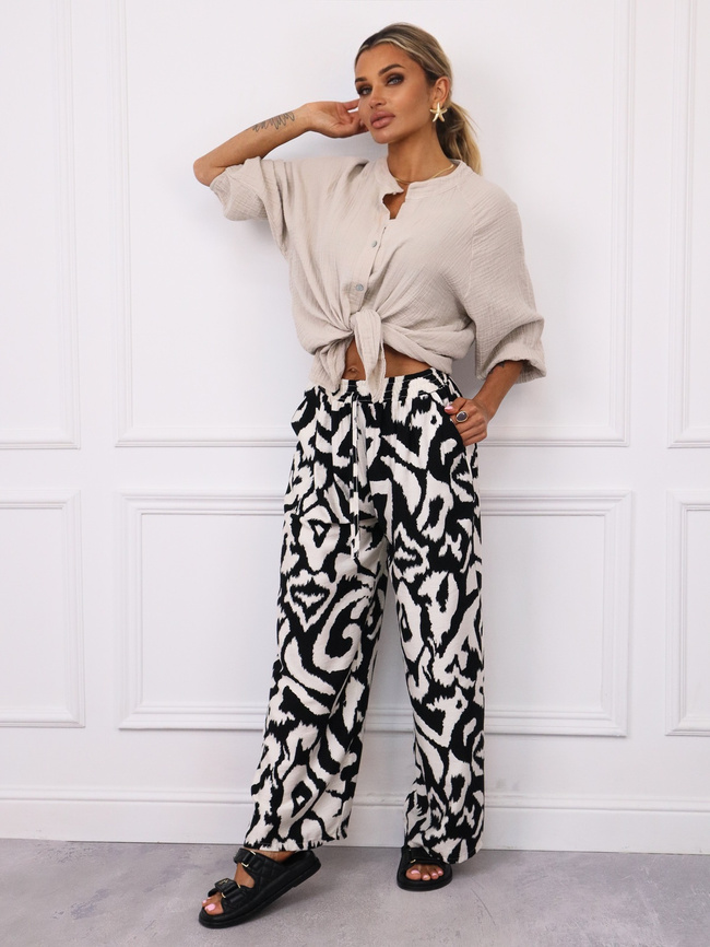 SPODNIE WZORZYSTE Z GUMĄ I WIĄZANIEM W PASIE- CZARNE