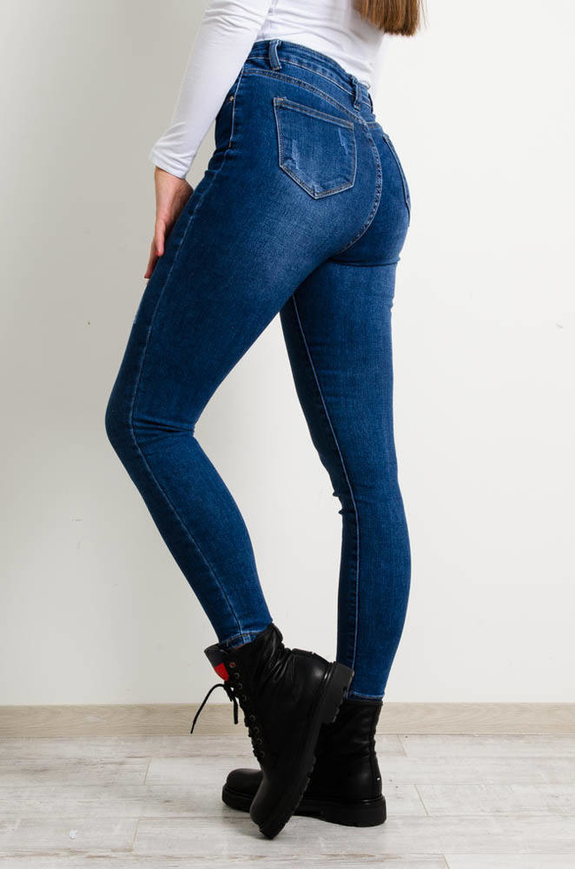 CIEMNE SPODNIE JEANSOWE Z PRZETARCIAMI-WYSOKI STAN