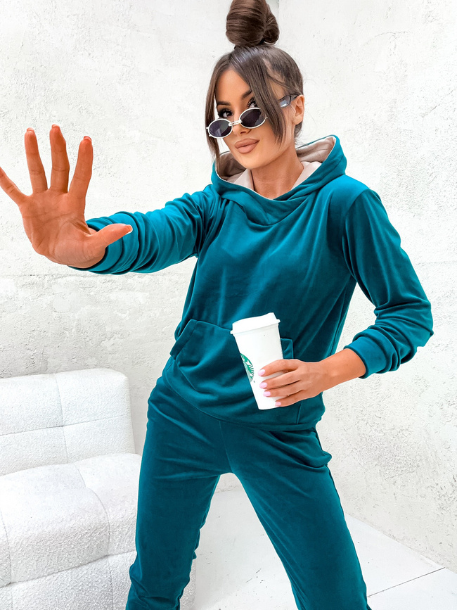 WELUROWY KOMPLET DRESOWY BLUZA Z KAPTUREM+ SPODNIE- MORSKI