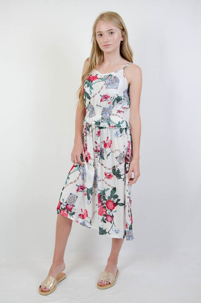 BIAŁA SUKIENKA W KWIATY Z GUMĄ W PASIE