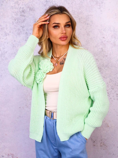 KRÓTKI KARDIGAN Z PRZYPINANYMI KWIATAMI- ZIELONY