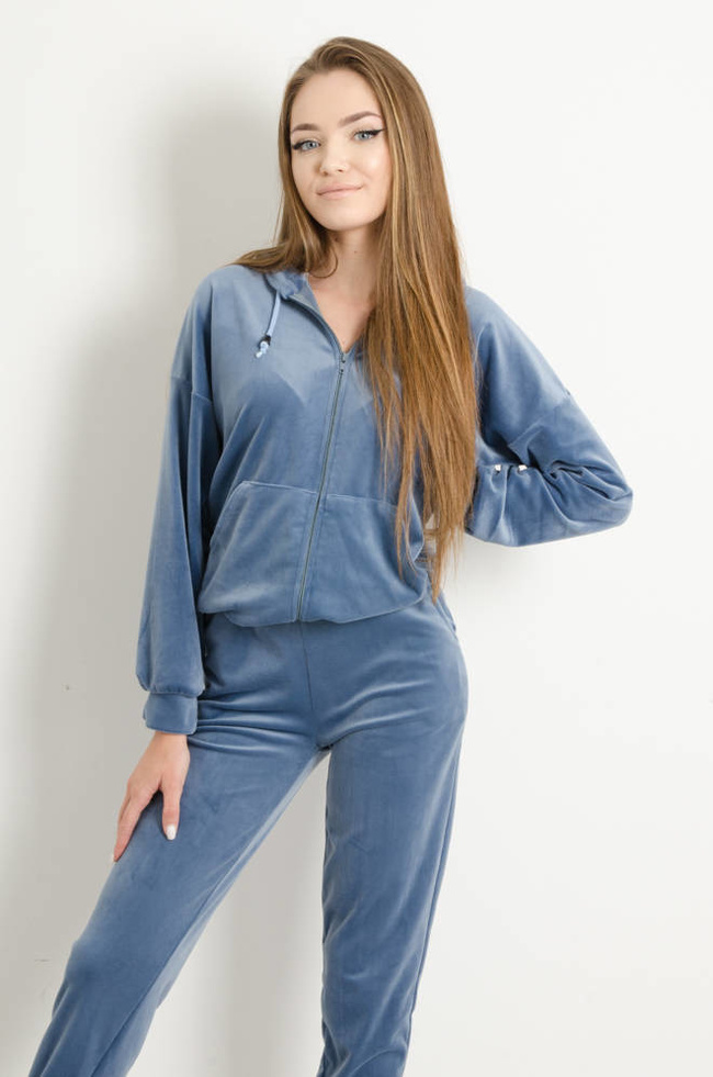 WELUROWY KOMPLET DRESOWY ROZPINANY Z KAPTUREM- NIEBIESKI