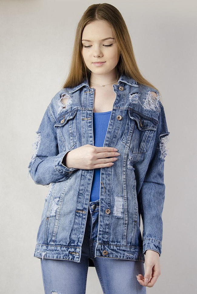 Kurtka jeansowa dłuższa z przetarciami