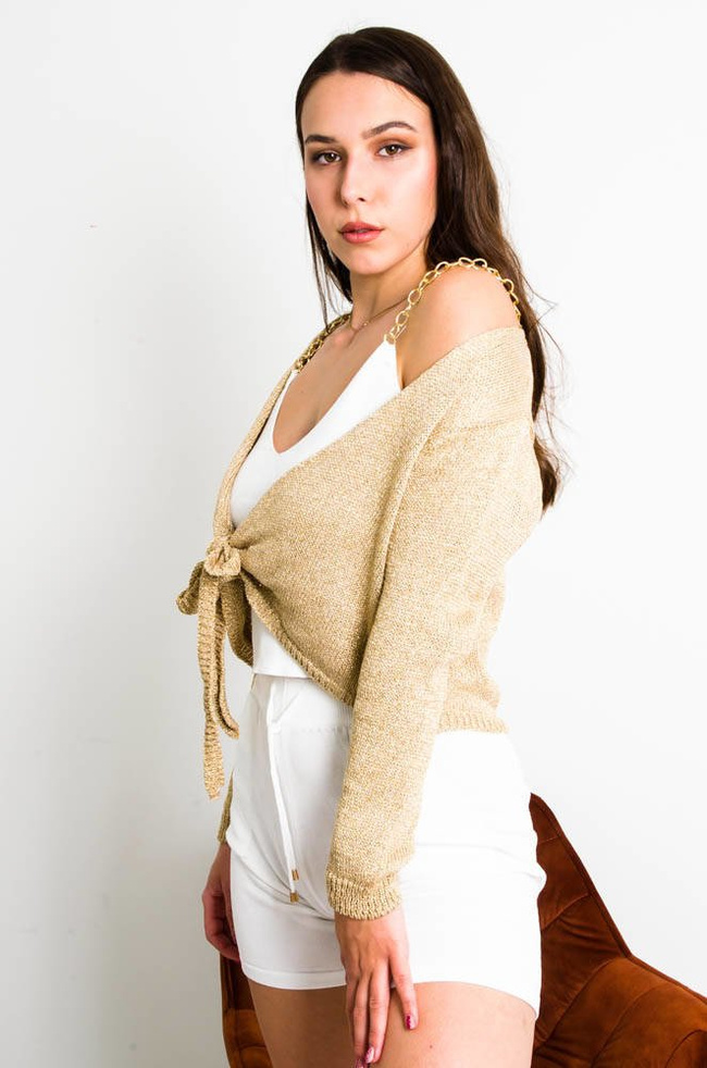 ZŁOTA BLUZKA Z POŁYSKUJACEJ DZIANINY WIĄZANA 