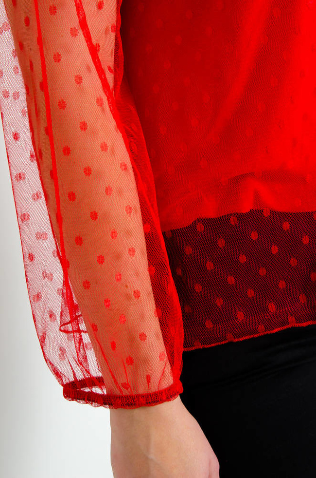 CZERWONA TIULOWA BLUZKA W KROPKI Z WIĄZANIEM 