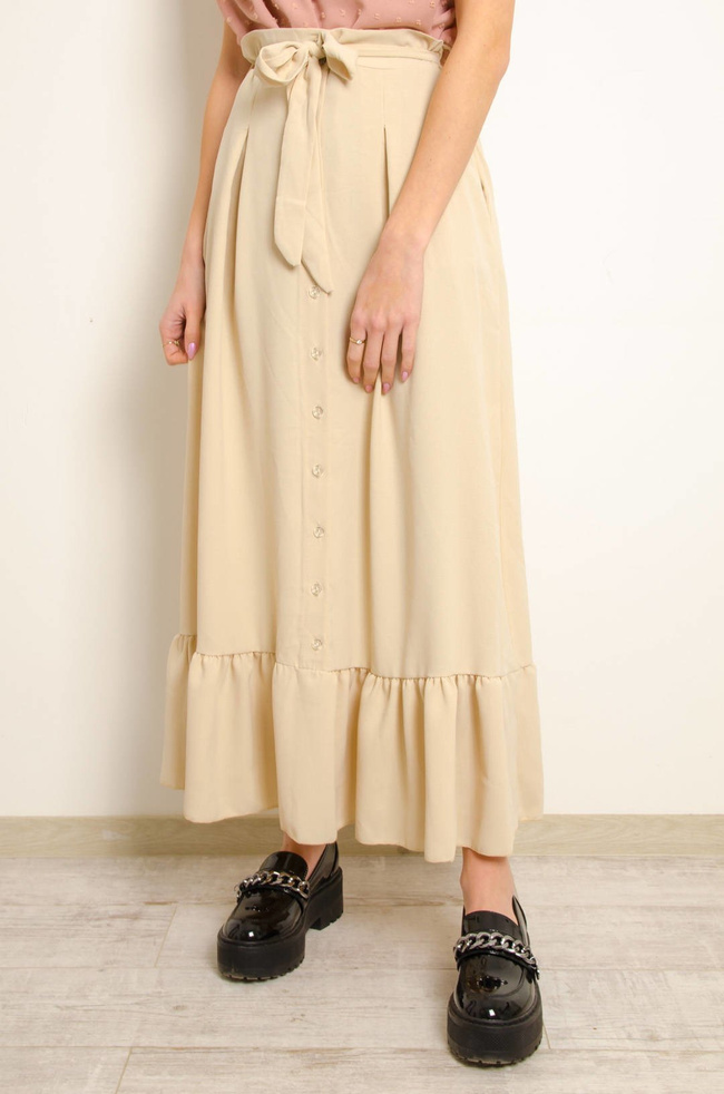 BEŻOWA MAXI SPÓDNICA Z FALBANĄ NA DOLE