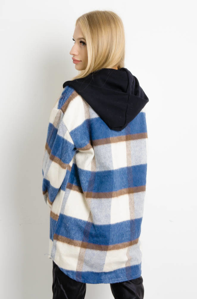 GRANATOWA KURTKA KOSZULA W KRATĘ Z KAPTUREM