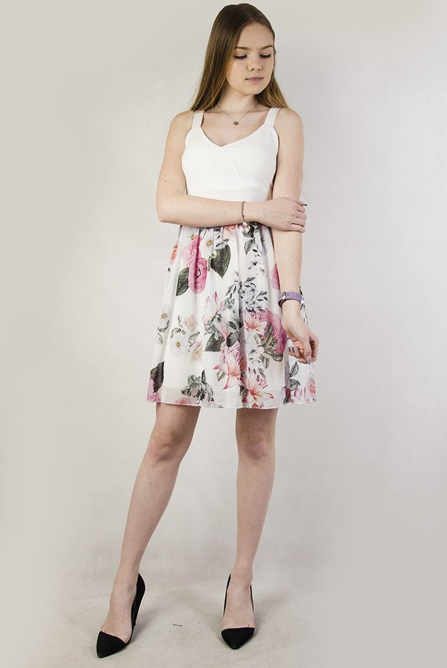 Biała sukienka na ramiączka, z kwiatowym dołem