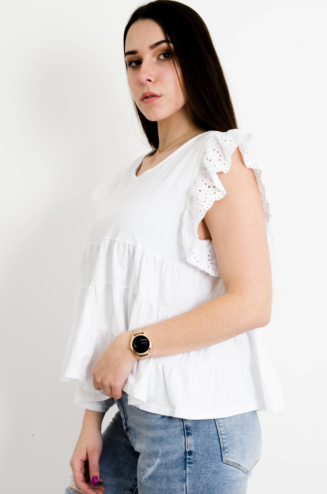 BIAŁA ROZKLOSZOWANA BLUZKA Z AŻUROWYMI RĘKAWAMI
