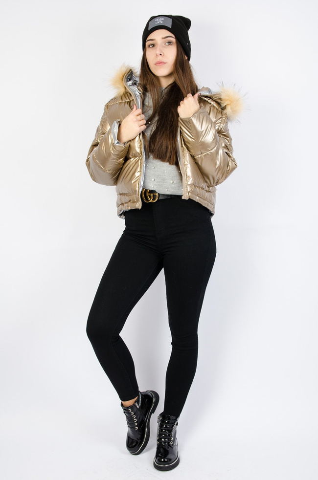 Złota metaliczna bomberka z dwukolorowym futerkiem